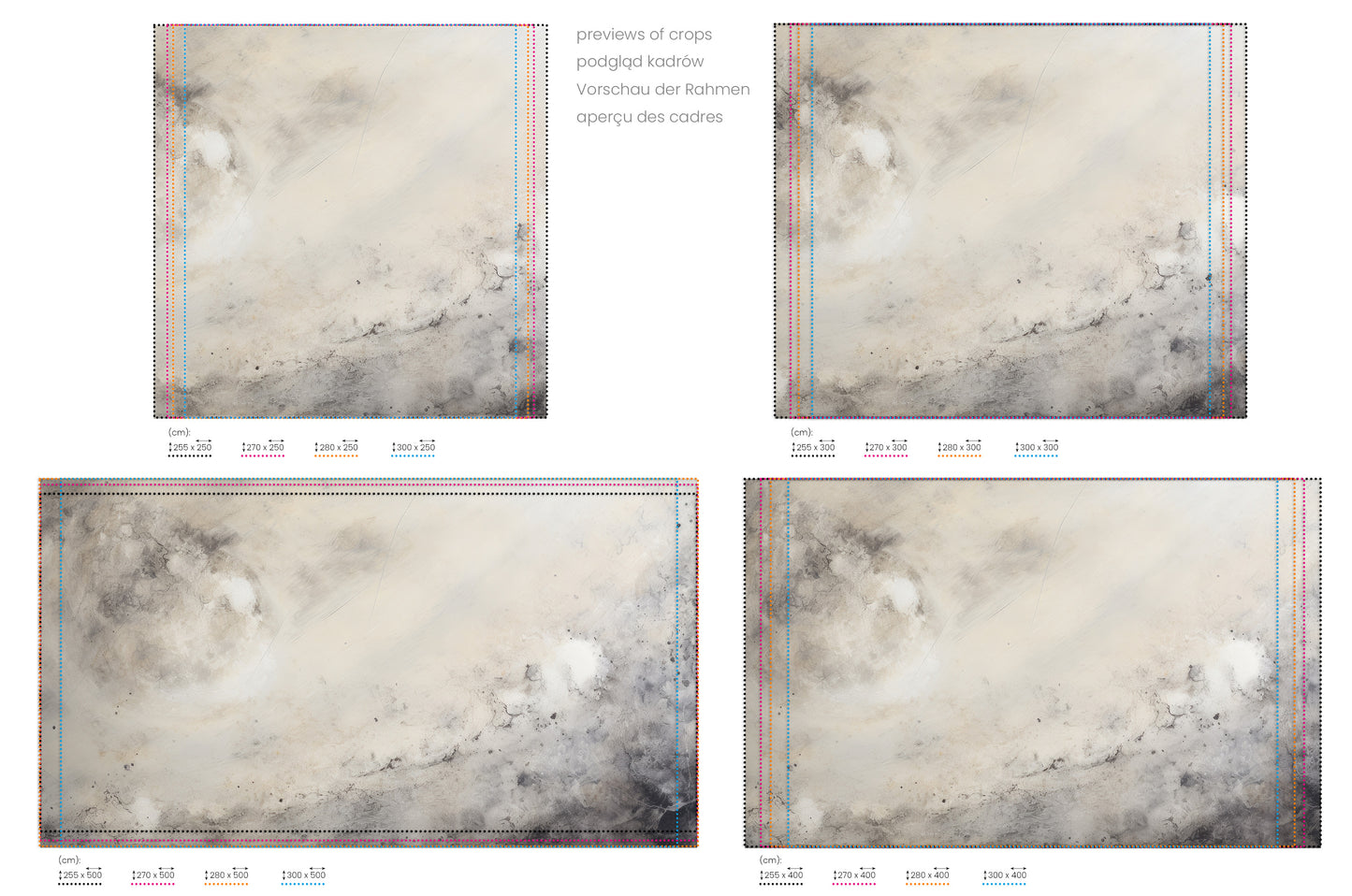 Na obrazie znajduje się prezentacja przykładowych rozmiarów fototapety o nazwie GALACTIC DUST STORM. Rozmiar fototapety jest dowolny.