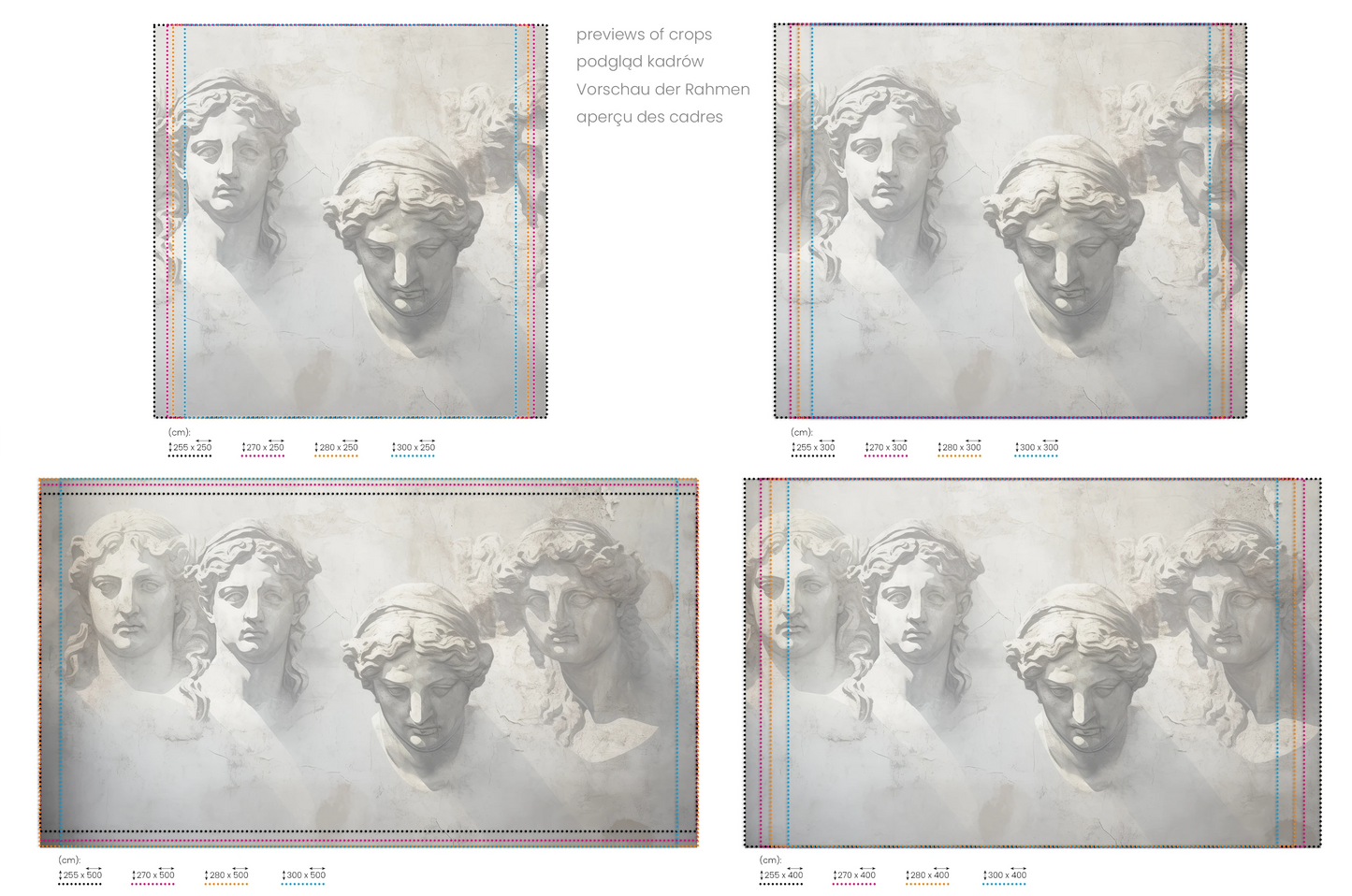Na obrazie znajduje się prezentacja przykładowych rozmiarów fototapety o nazwie The Muses' Grace. Rozmiar fototapety jest dowolny.