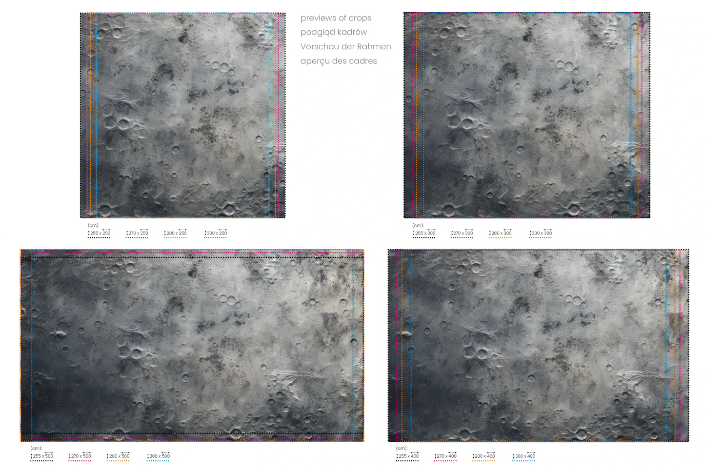 Na obrazie znajduje się prezentacja przykładowych rozmiarów fototapety o nazwie Lunar Shadows. Rozmiar fototapety jest dowolny.