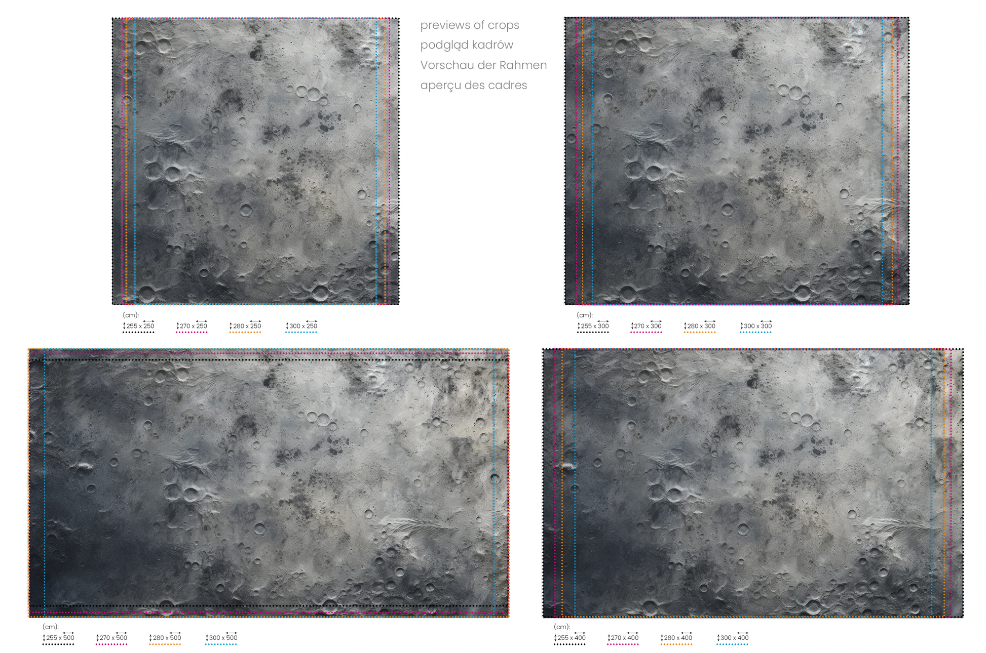 Na obrazie znajduje się prezentacja przykładowych rozmiarów fototapety o nazwie Lunar Shadows. Rozmiar fototapety jest dowolny.