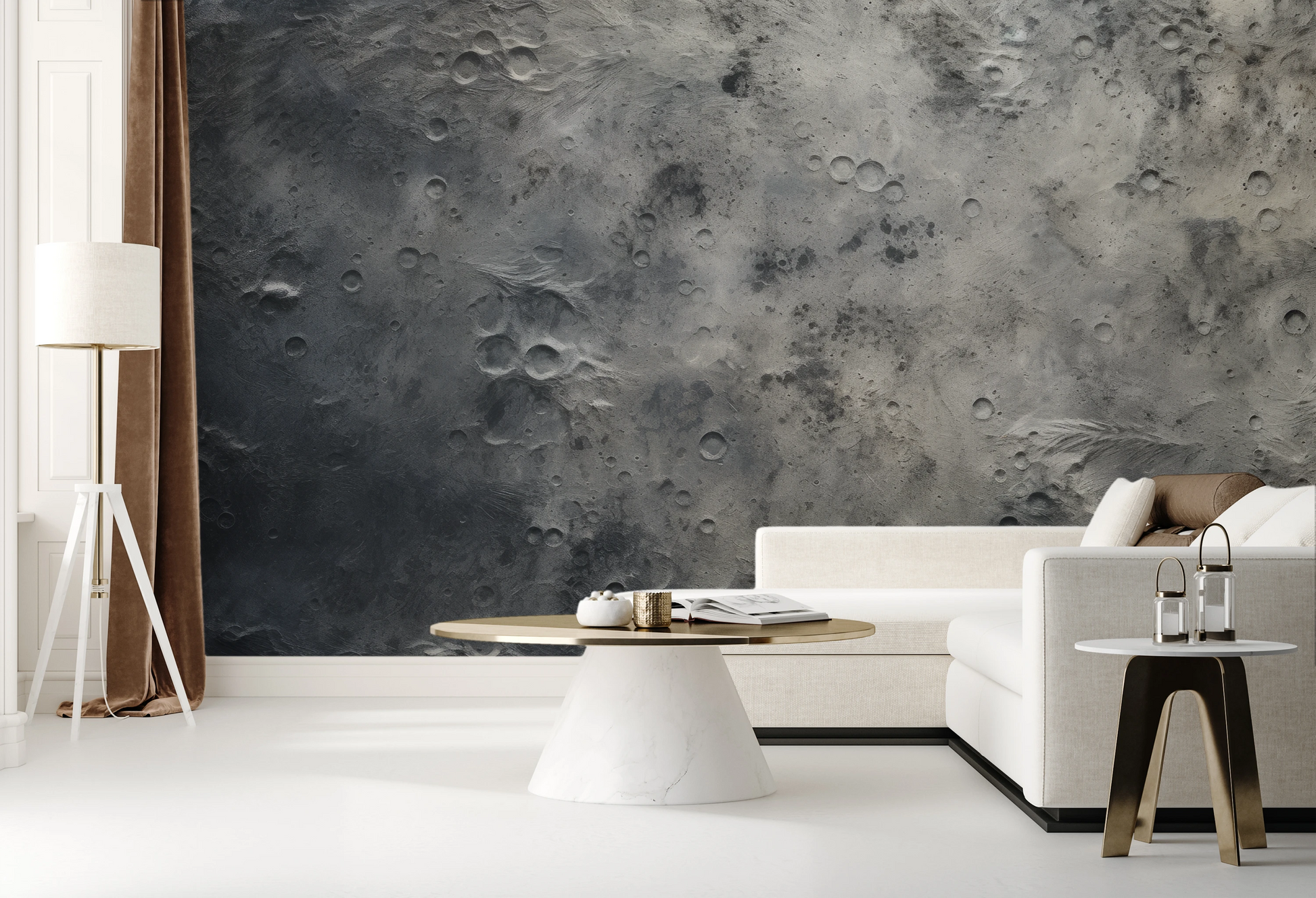 Zdjęcie prezentuje aranżację wnętrza z użyciem fototapety o nazwie Lunar Shadows pokazanej w aranżacji wnętrza.
