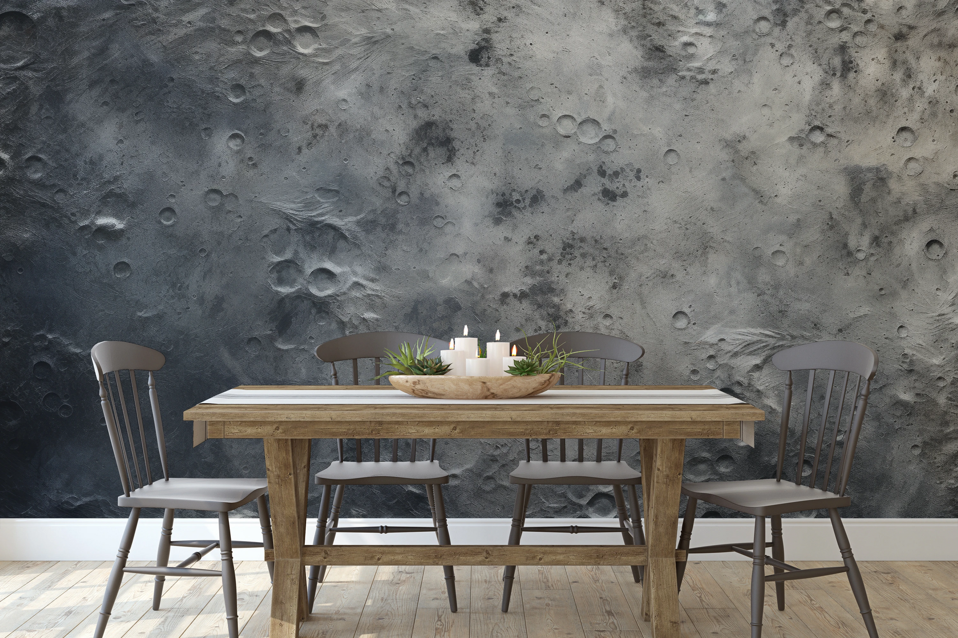 Wzór fototapety artystycznej o nazwie Lunar Shadows pokazanej w aranżacji wnętrza.
