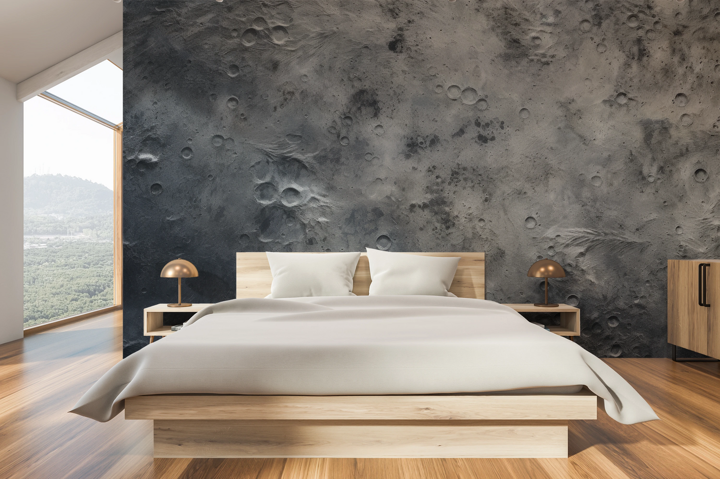 Wzór fototapety malowanej o nazwie Lunar Shadows pokazanej w aranżacji wnętrza.