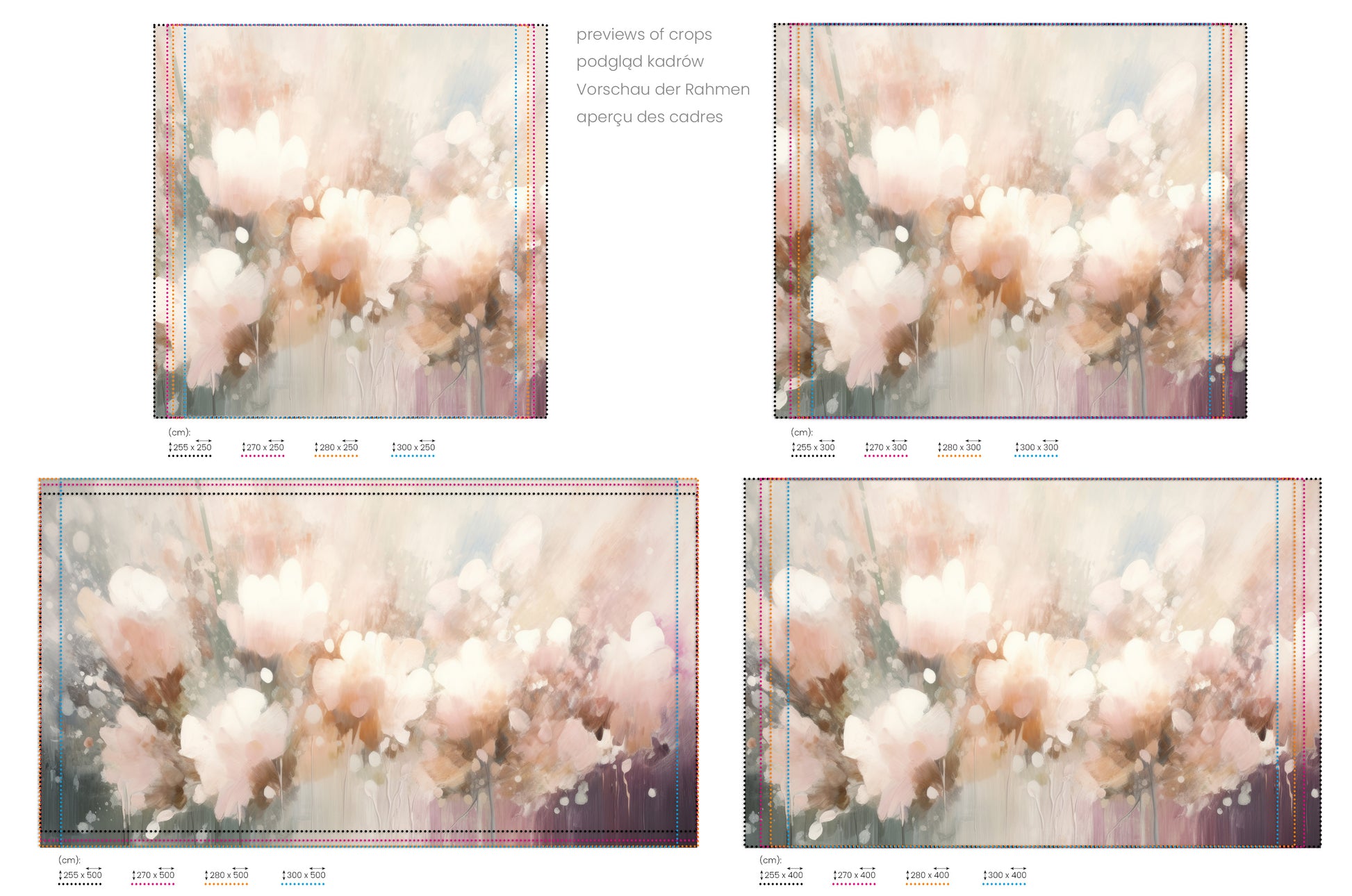 Na obrazie znajduje się prezentacja przykładowych rozmiarów fototapety o nazwie Pastel Petal Dream. Rozmiar fototapety jest dowolny.