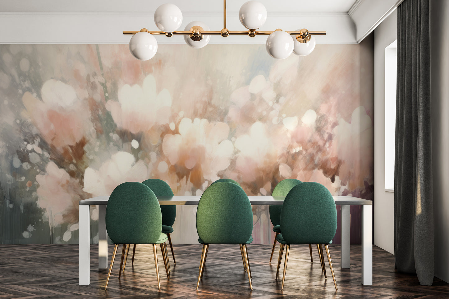 Wzór fototapety artystycznej o nazwie Pastel Petal Dream pokazanej w aranżacji wnętrza.