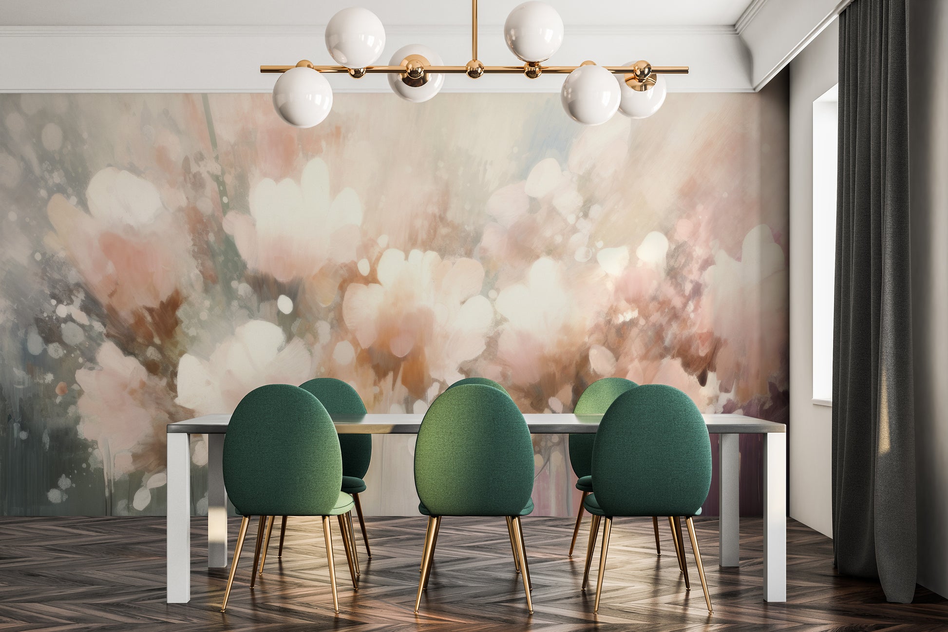 Wzór fototapety artystycznej o nazwie Pastel Petal Dream pokazanej w aranżacji wnętrza.