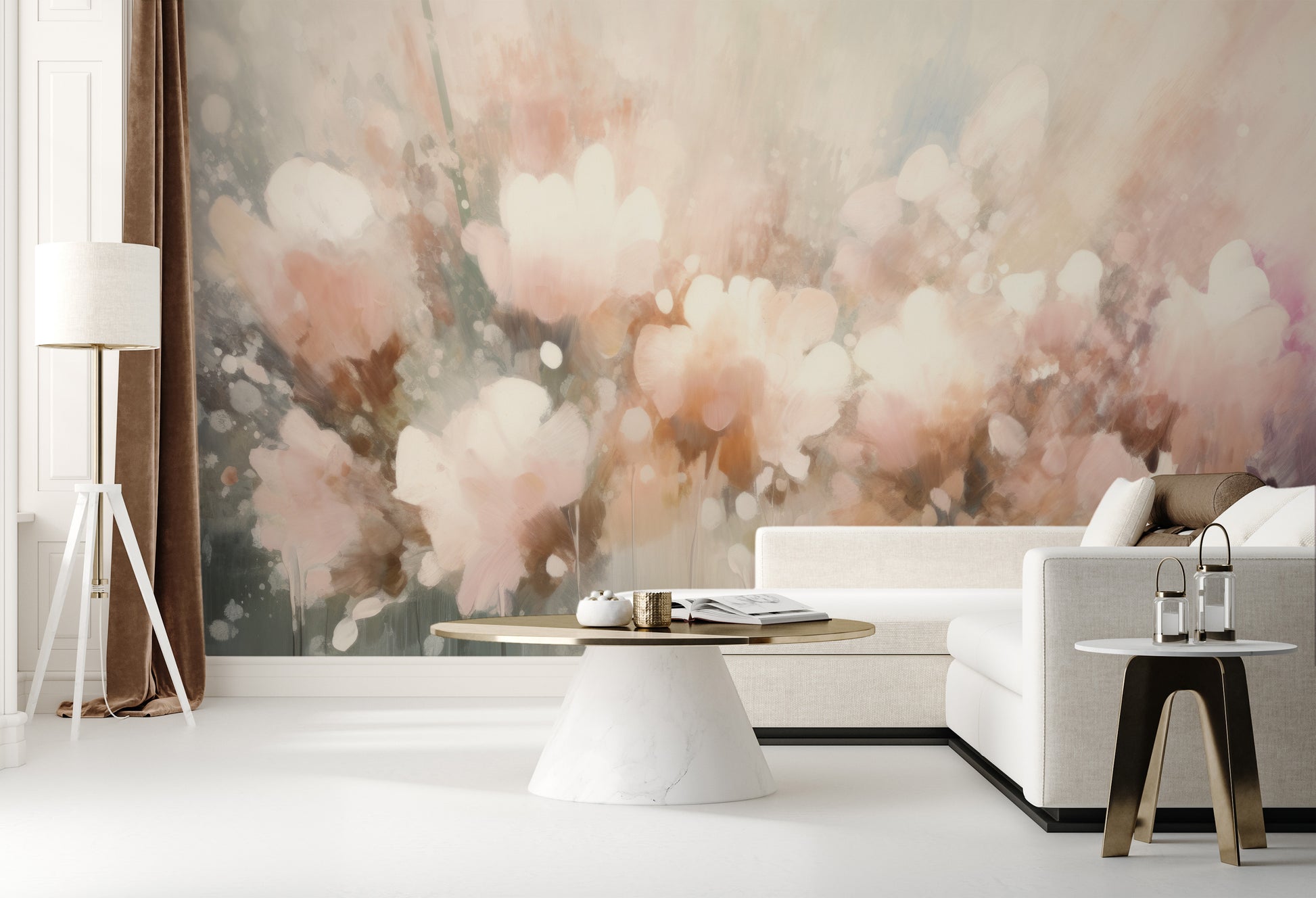 Wzór fototapety artystycznej o nazwie Pastel Petal Dream pokazanej w aranżacji wnętrza.