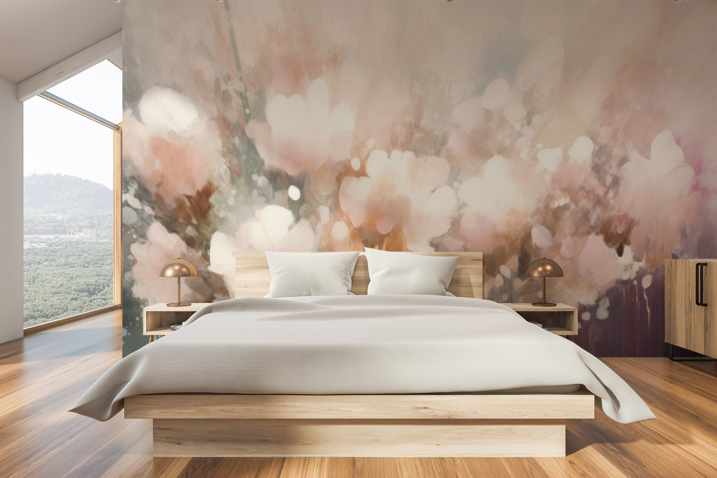 Zdjęcie prezentuje aranżację wnętrza z użyciem fototapety o nazwie Pastel Petal Dream pokazanej w aranżacji wnętrza.