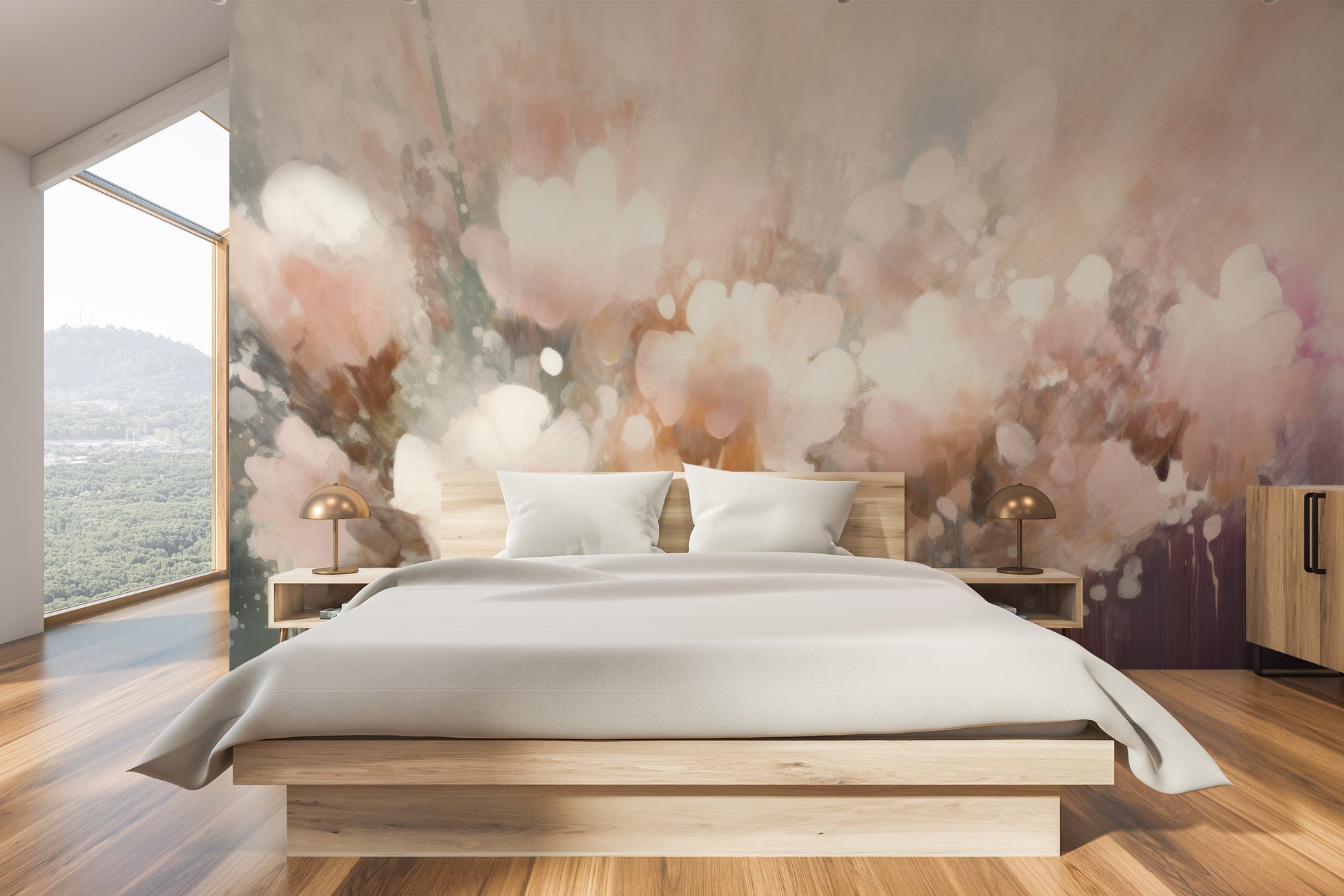 Zdjęcie prezentuje aranżację wnętrza z użyciem fototapety o nazwie Pastel Petal Dream pokazanej w aranżacji wnętrza.