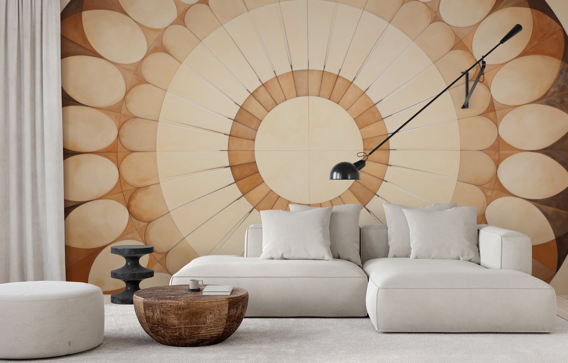 Wzór fototapety artystycznej o nazwie SUNBURST OVAL MOSAIC pokazanej w aranżacji wnętrza.