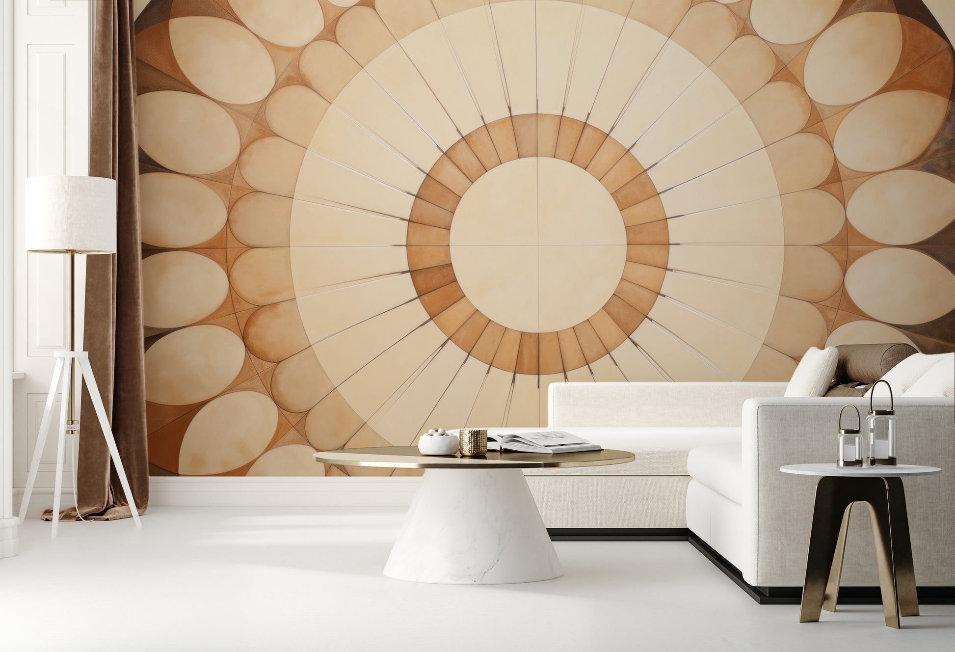 Wzór fototapety malowanej o nazwie SUNBURST OVAL MOSAIC pokazanej w aranżacji wnętrza.