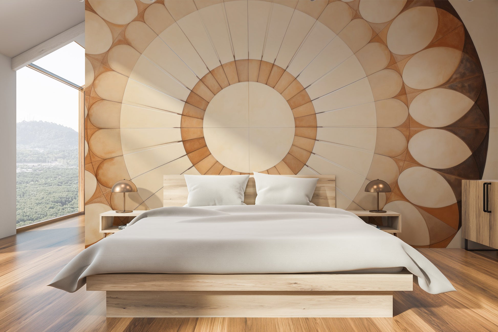 Zdjęcie prezentuje aranżację wnętrza z użyciem fototapety o nazwie SUNBURST OVAL MOSAIC pokazanej w aranżacji wnętrza.