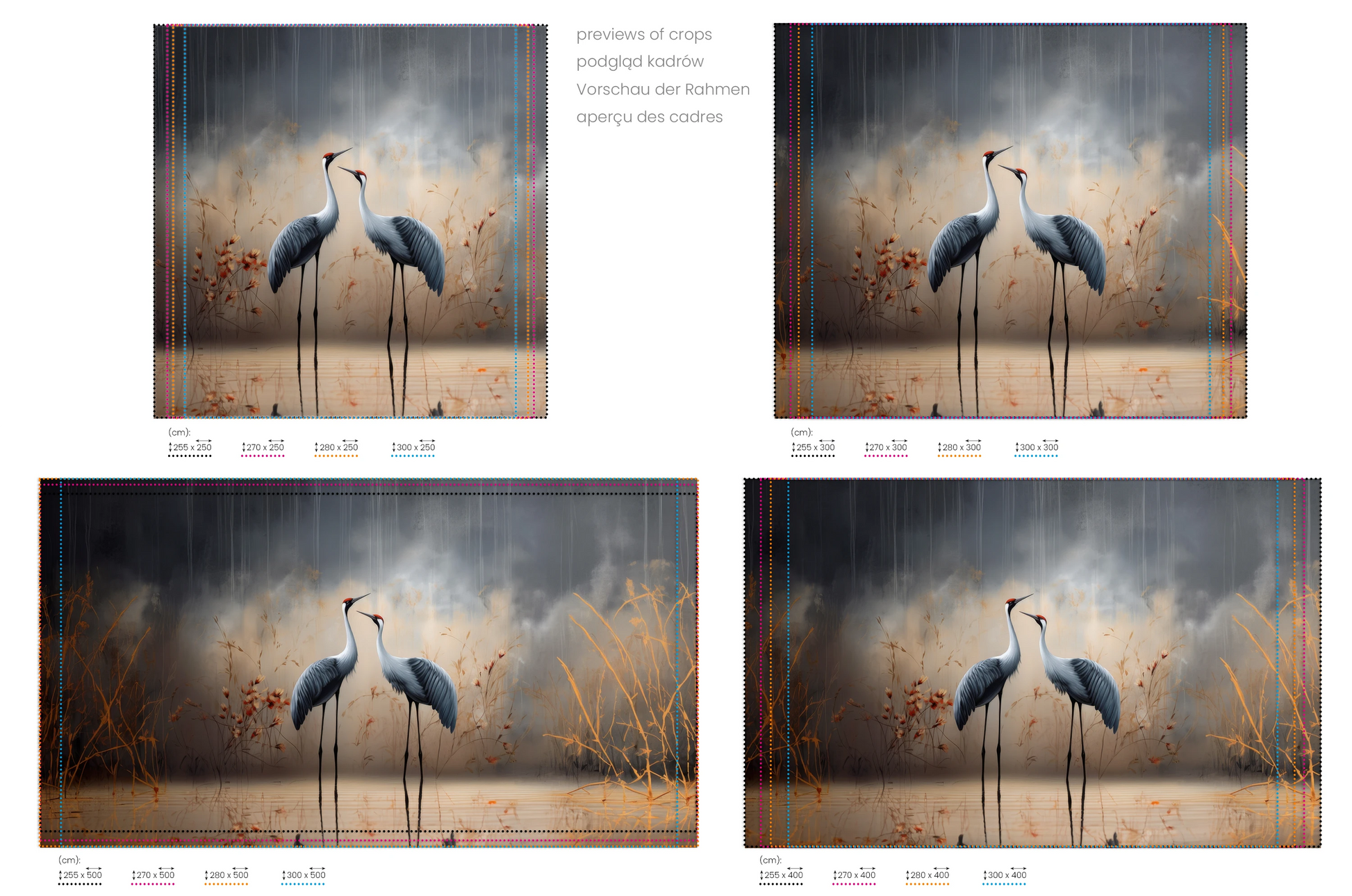 Na obrazie znajduje się prezentacja przykładowych rozmiarów fototapety o nazwie Rustic Serenity. Rozmiar fototapety jest dowolny.