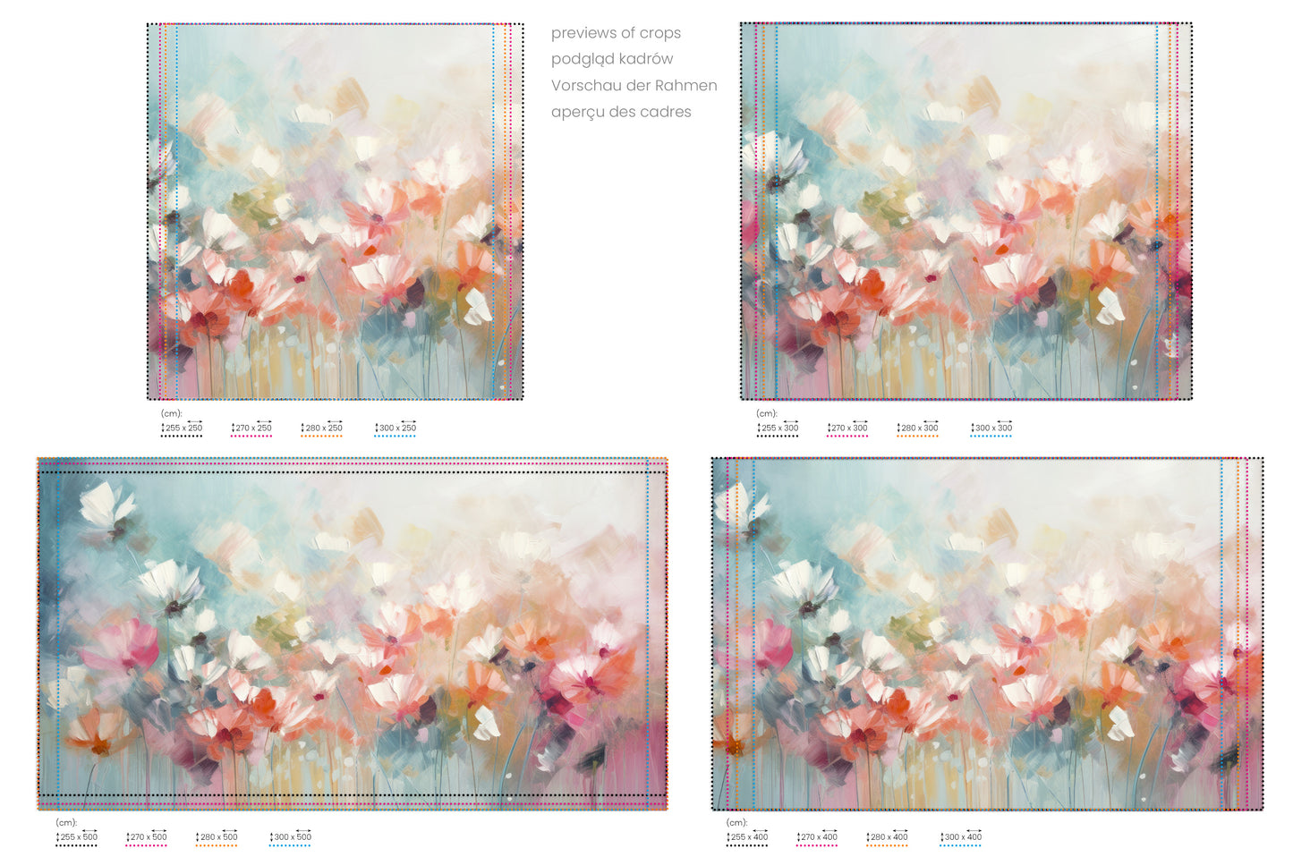 Na obrazie znajduje się prezentacja przykładowych rozmiarów fototapety o nazwie Delicate Floral Hues. Rozmiar fototapety jest dowolny.