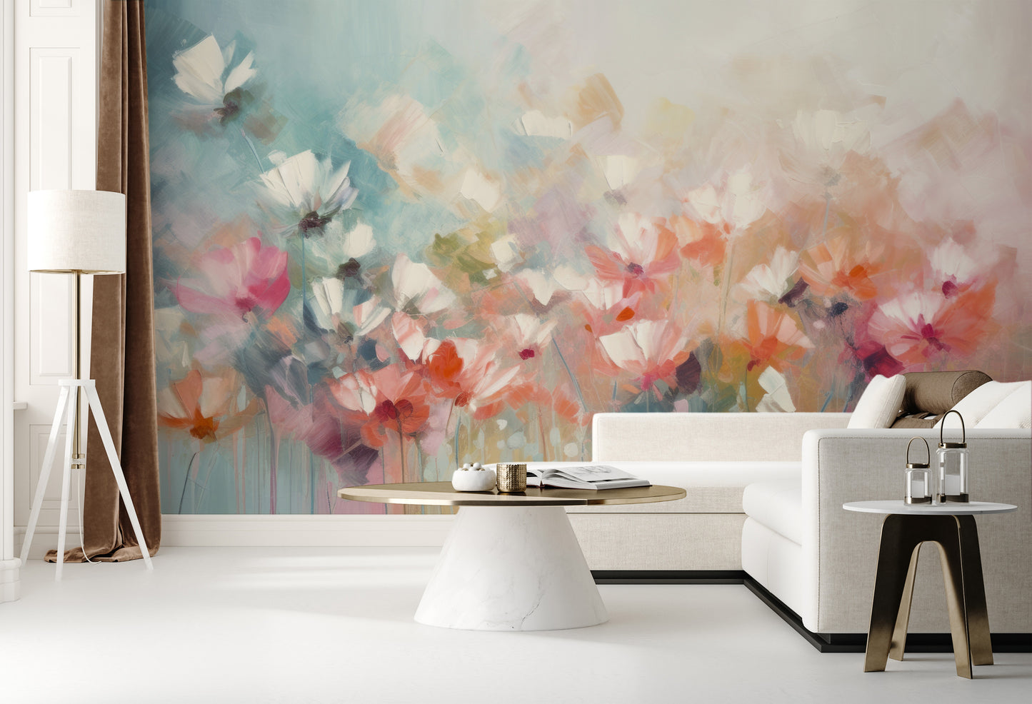 Wzór fototapety artystycznej o nazwie Delicate Floral Hues pokazanej w aranżacji wnętrza.