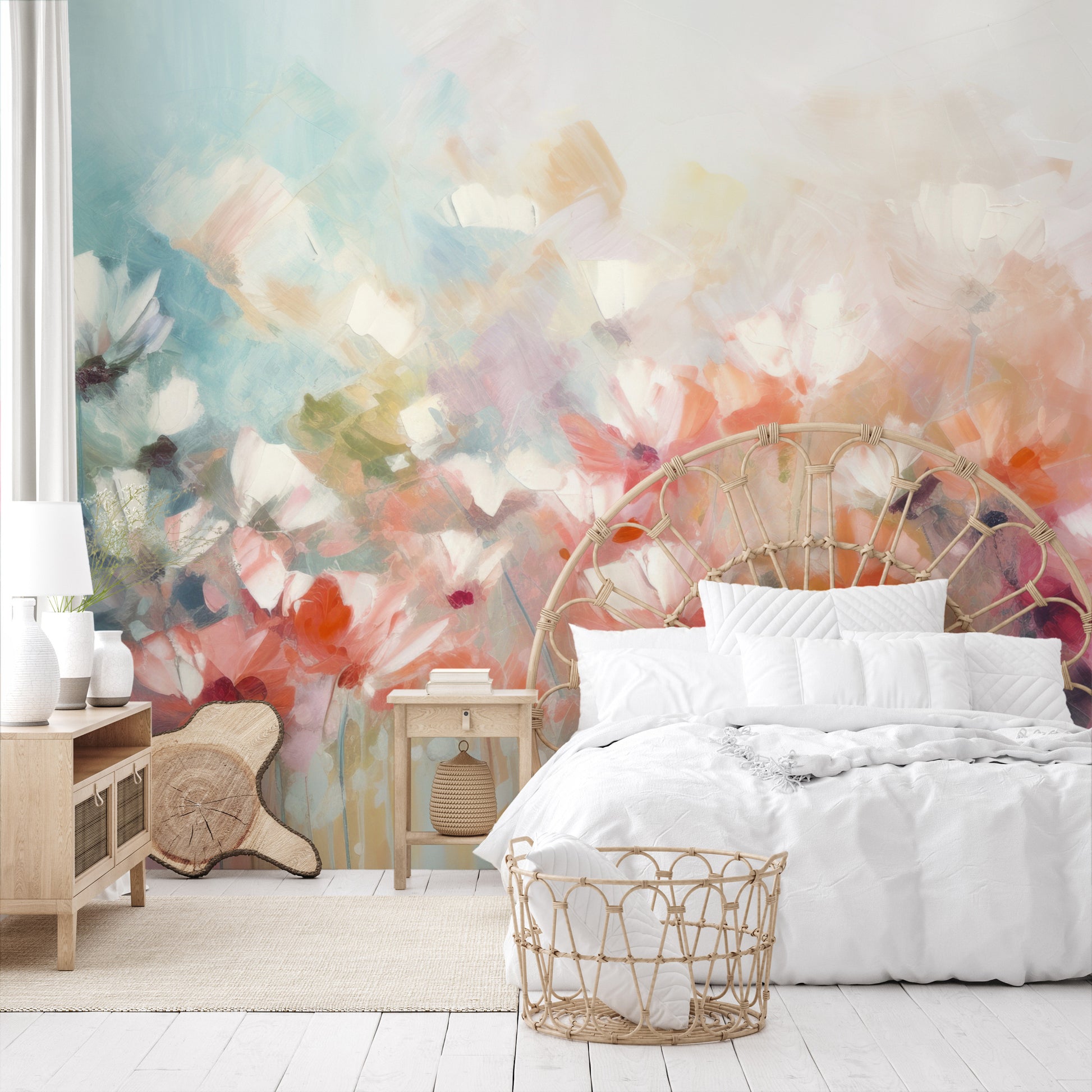 Fototapeta artystyczna o nazwie Delicate Floral Hues pokazana w aranżacji wnętrza.