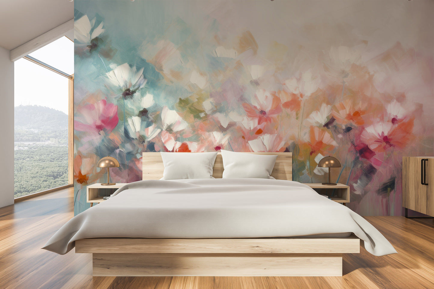 Zdjęcie prezentuje aranżację wnętrza z użyciem fototapety o nazwie Delicate Floral Hues pokazanej w aranżacji wnętrza.