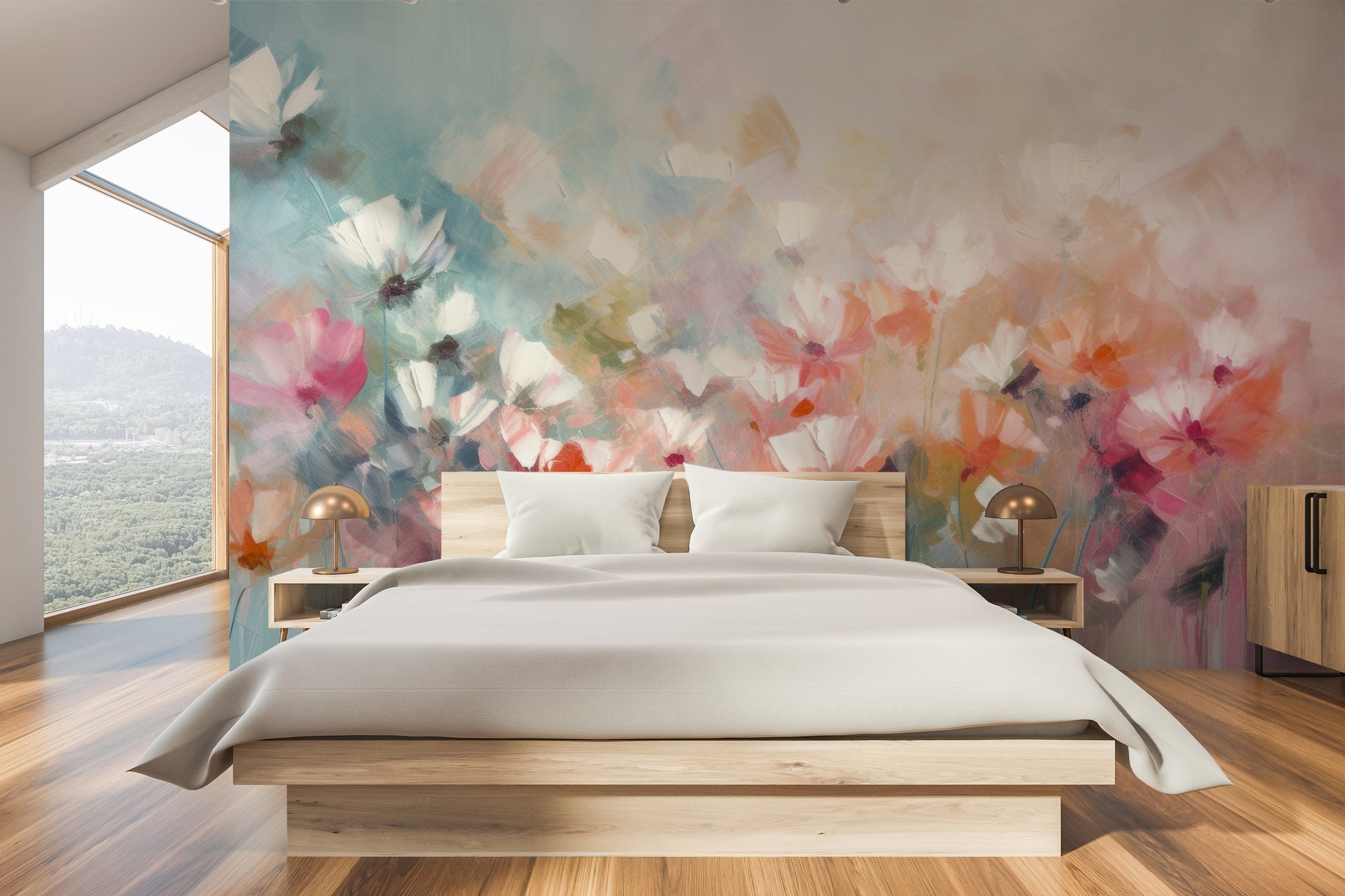 Zdjęcie prezentuje aranżację wnętrza z użyciem fototapety o nazwie Delicate Floral Hues pokazanej w aranżacji wnętrza.