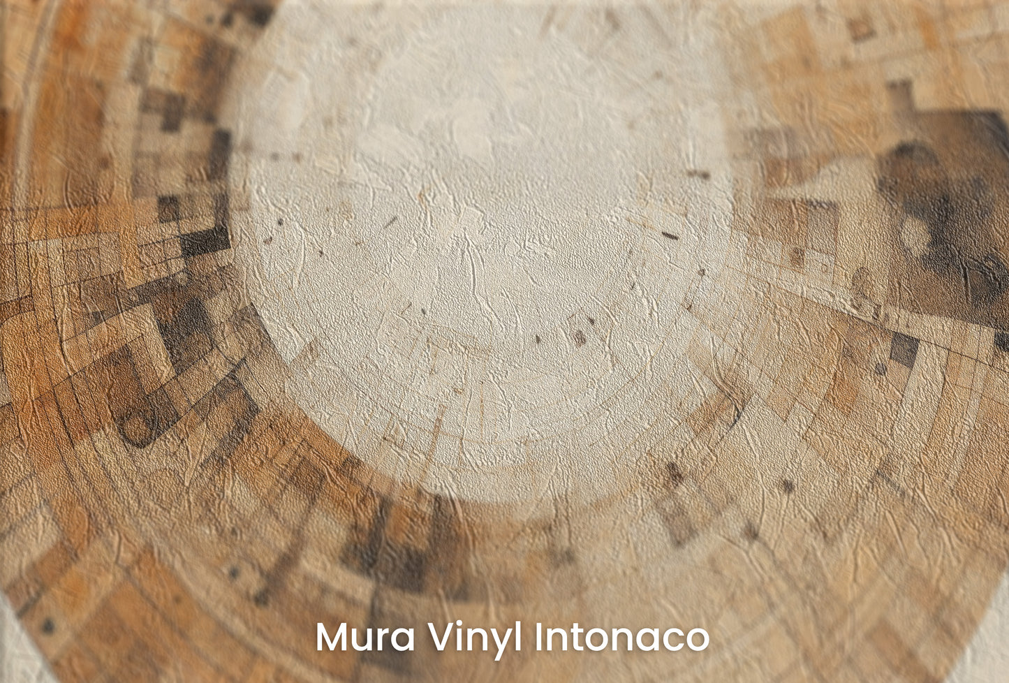 Zbliżenie na artystyczną fototapetę o nazwie INDUSTRIAL REVOLUTION CIRCULARITY na podłożu Mura Vinyl Intonaco - struktura tartego tynku.