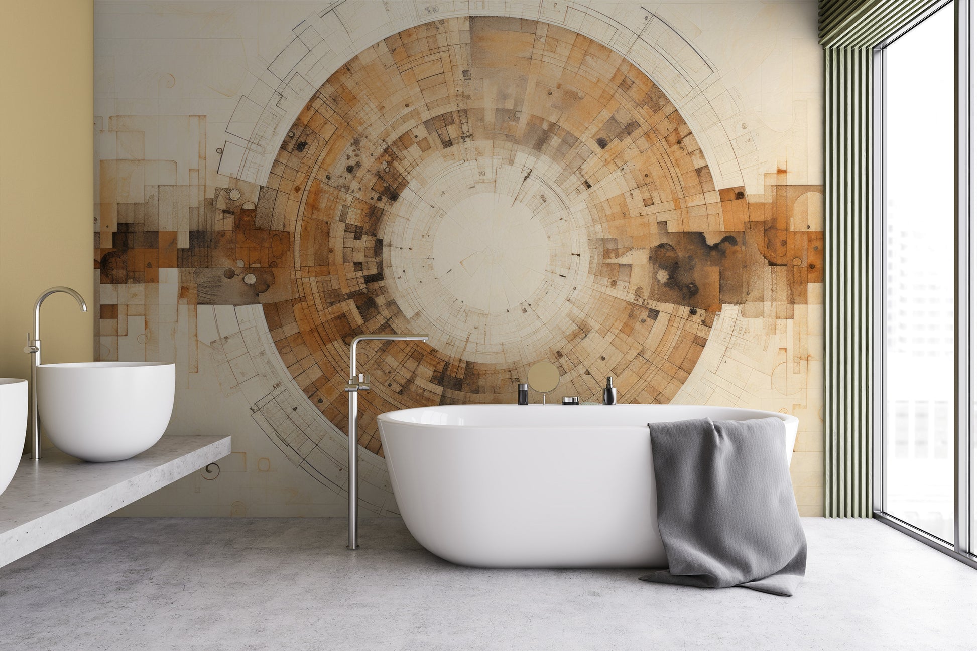 Wzór fototapety malowanej o nazwie INDUSTRIAL REVOLUTION CIRCULARITY pokazanej w aranżacji wnętrza.