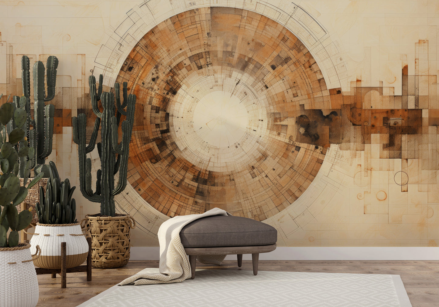 Wzór fototapety o nazwie INDUSTRIAL REVOLUTION CIRCULARITY pokazanej w kontekście pomieszczenia.