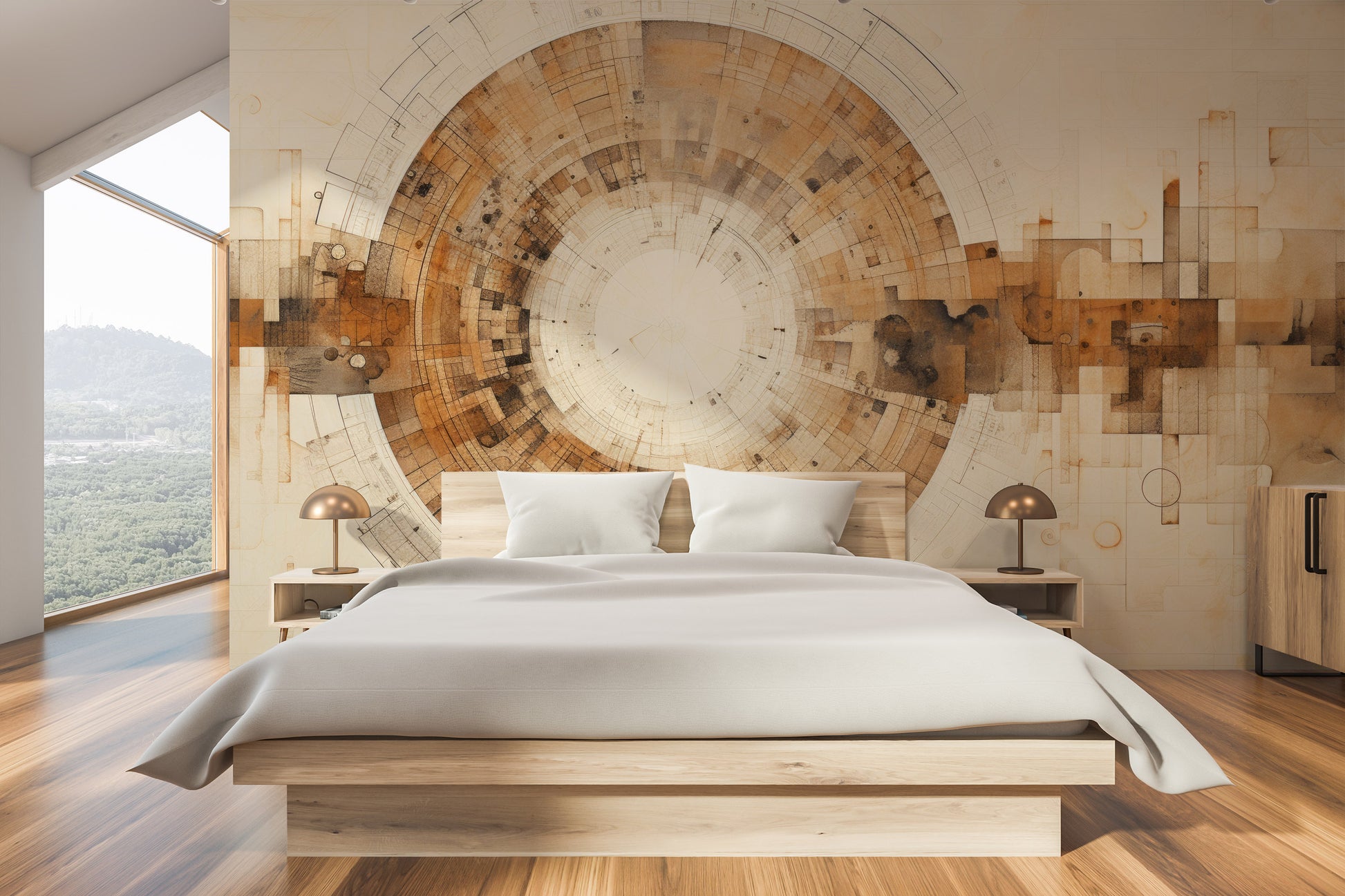 Zdjęcie prezentuje aranżację wnętrza z użyciem fototapety o nazwie INDUSTRIAL REVOLUTION CIRCULARITY pokazanej w aranżacji wnętrza.