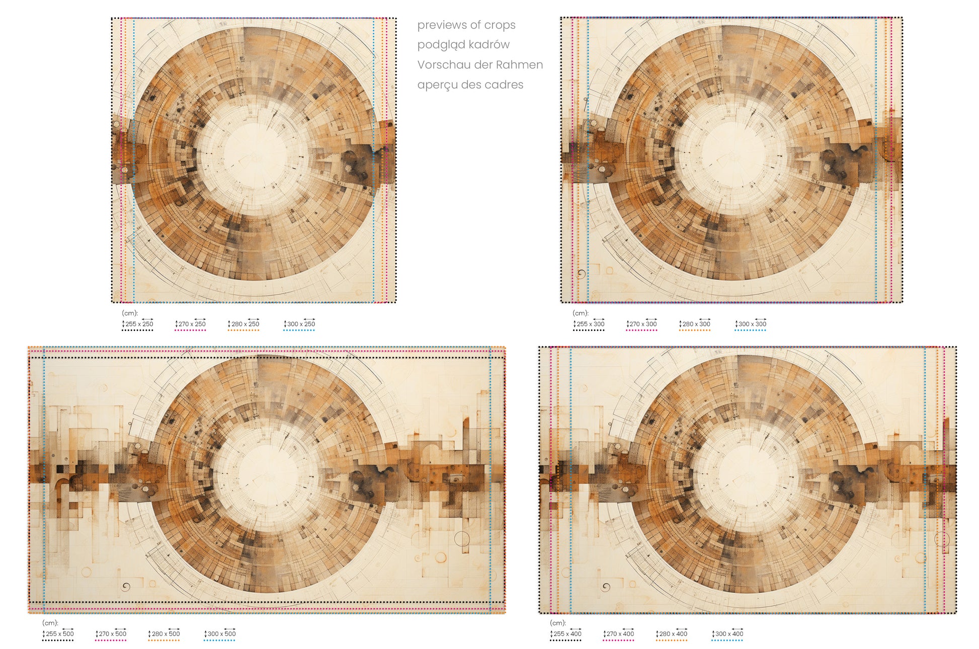 Na obrazie znajduje się prezentacja przykładowych rozmiarów fototapety o nazwie INDUSTRIAL REVOLUTION CIRCULARITY. Rozmiar fototapety jest dowolny.