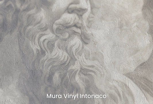 Zbliżenie na artystyczną fototapetę o nazwie Olympian Debate na podłożu Mura Vinyl Intonaco - struktura tartego tynku.