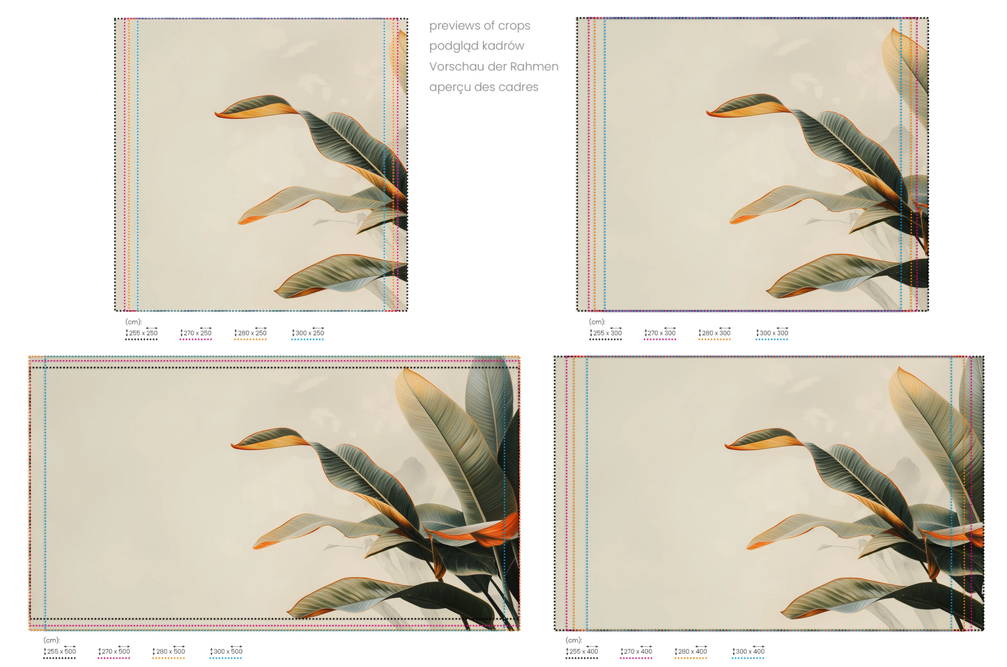 Na obrazie znajduje się prezentacja przykładowych rozmiarów fototapety o nazwie Tropical Touch. Rozmiar fototapety jest dowolny.