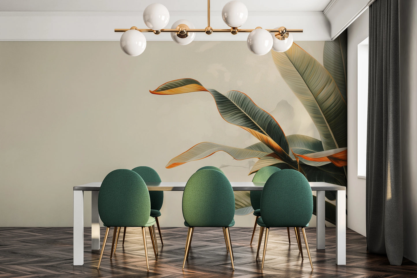 Wzór fototapety artystycznej o nazwie Tropical Touch pokazanej w aranżacji wnętrza.