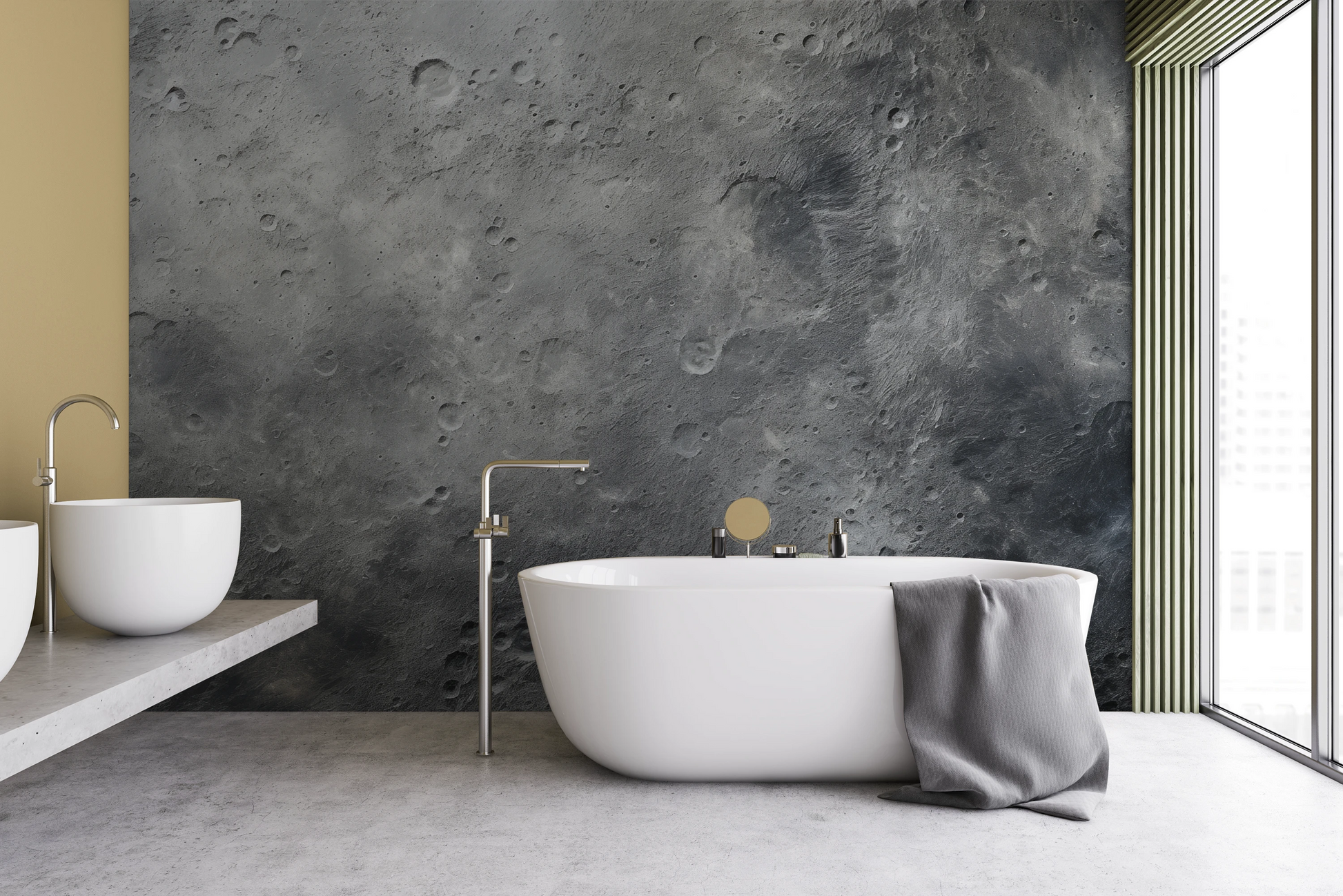 Wzór fototapety artystycznej o nazwie Monochrome Moon pokazanej w aranżacji wnętrza.