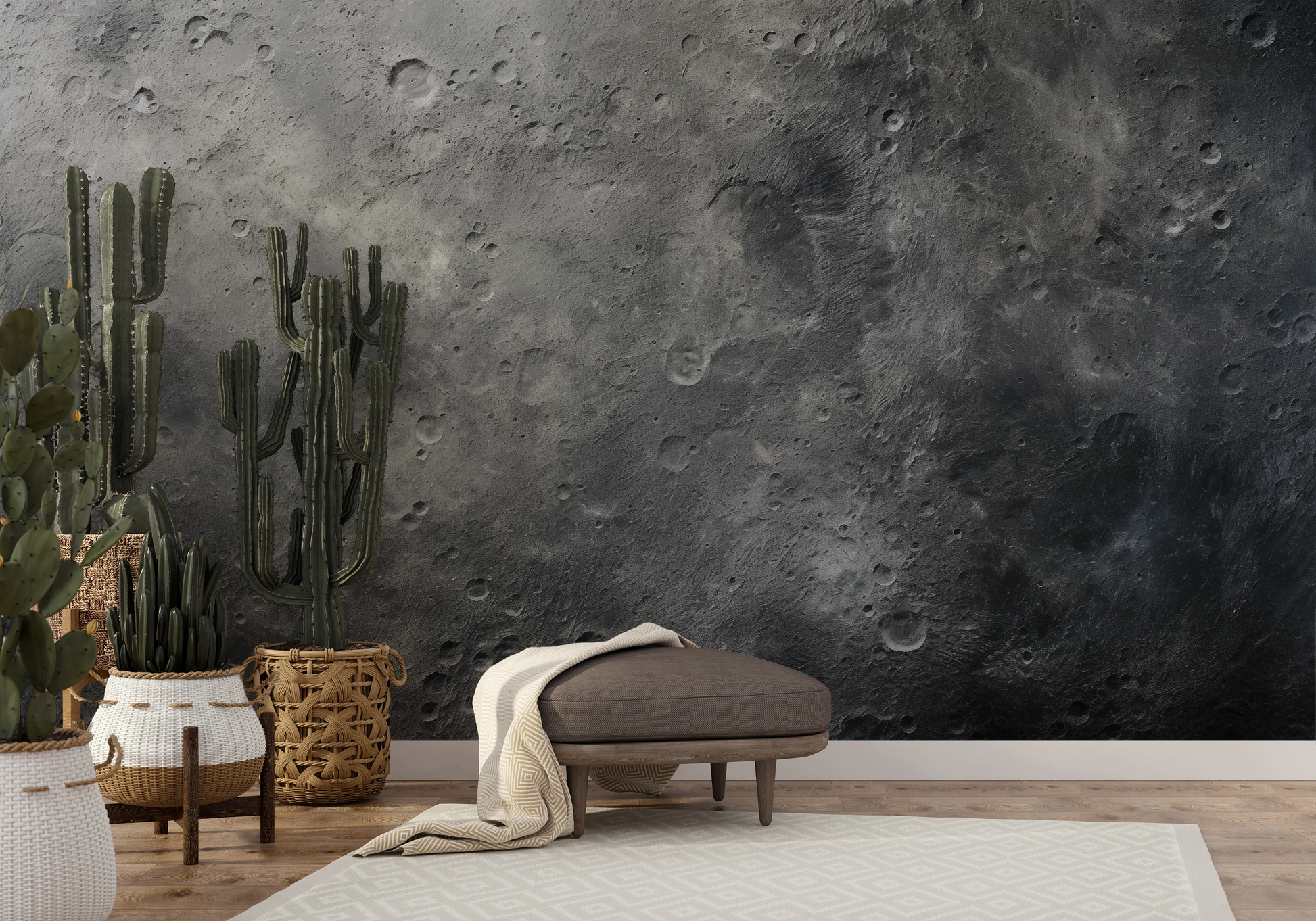 Fototapeta artystyczna o nazwie Monochrome Moon pokazana w aranżacji wnętrza.