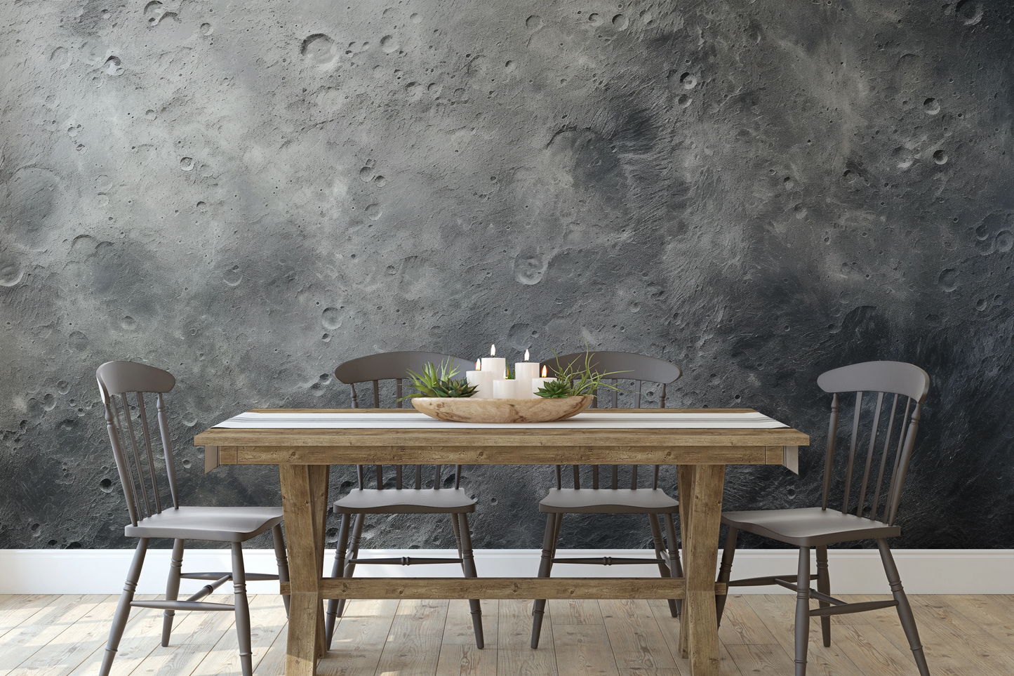 Wzór fototapety malowanej o nazwie Monochrome Moon pokazanej w aranżacji wnętrza.