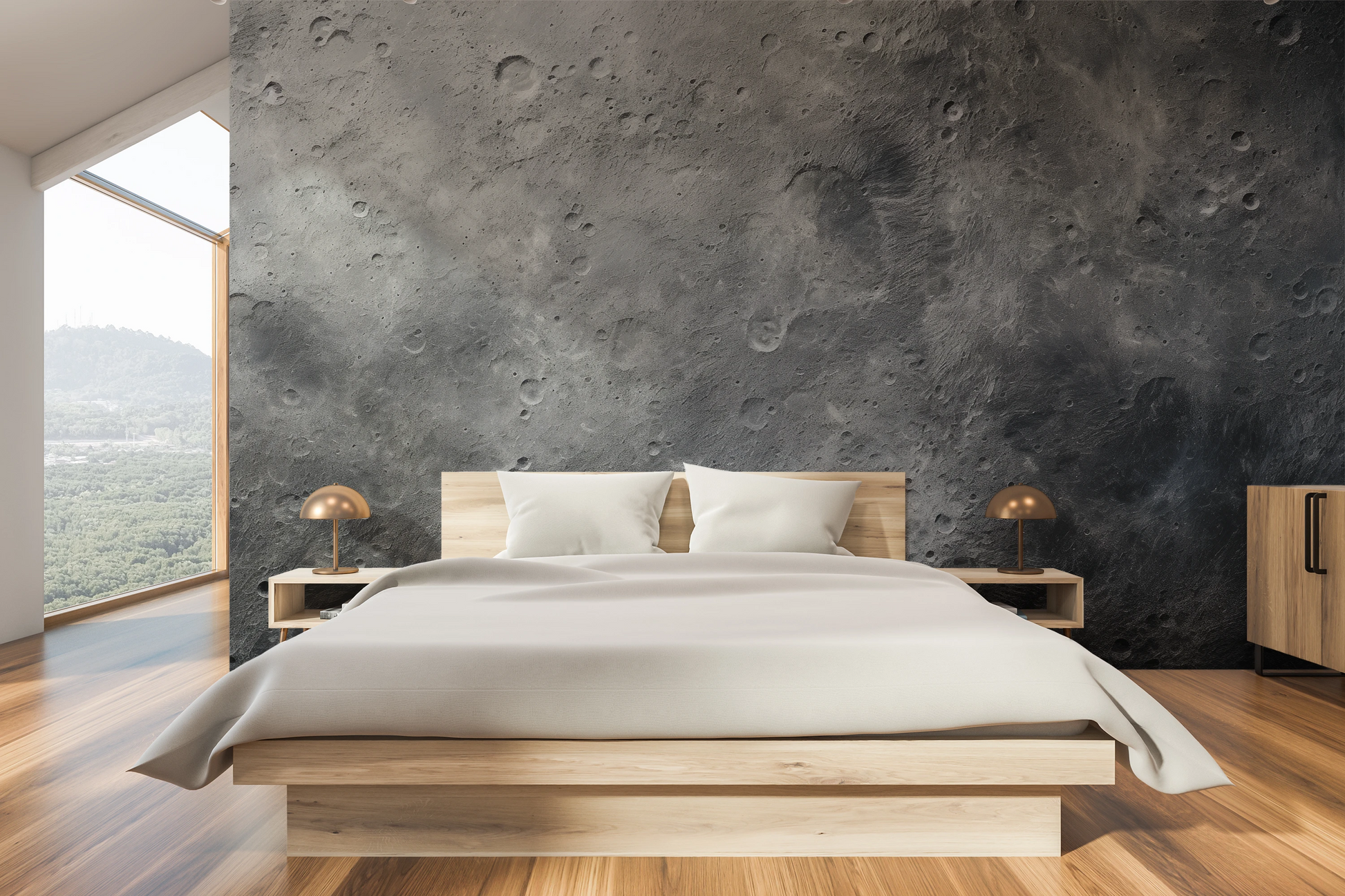 Zdjęcie prezentuje aranżację wnętrza z użyciem fototapety o nazwie Monochrome Moon pokazanej w aranżacji wnętrza.