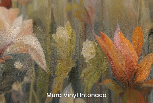 Zbliżenie na artystyczną fototapetę o nazwie Wildflower Harmony na podłożu Mura Vinyl Intonaco - struktura tartego tynku.