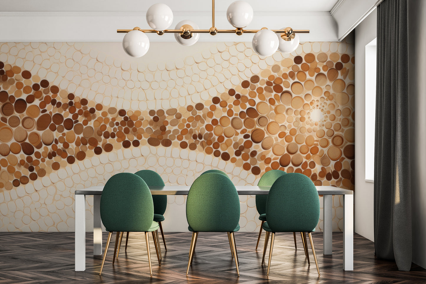Zdjęcie prezentuje aranżację wnętrza z użyciem fototapety o nazwie WOODEN WAVES MOSAIC pokazanej w aranżacji wnętrza.
