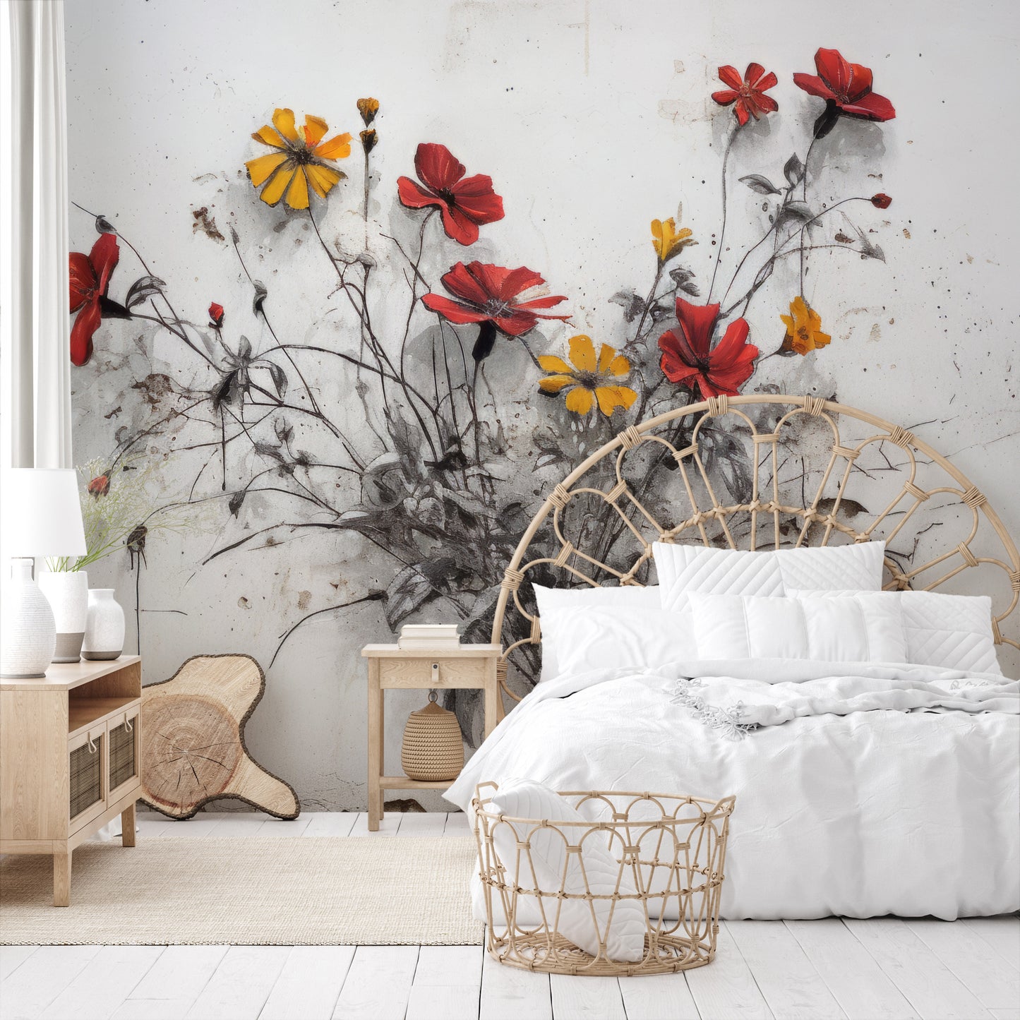 Wzór fototapety malowanej o nazwie WILDFLOWER WATERCOLOR WHIMSY pokazanej w aranżacji wnętrza.