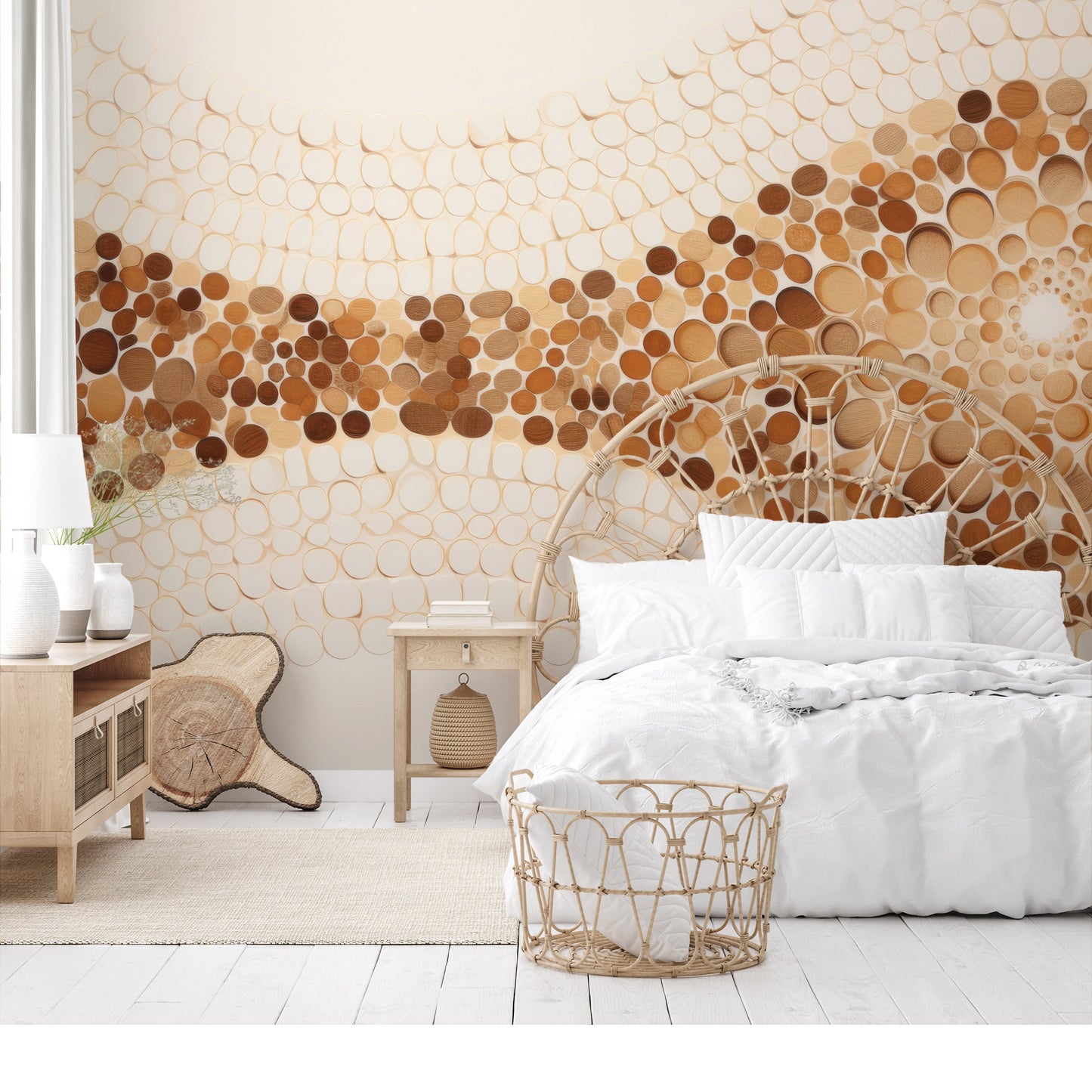Wzór fototapety malowanej o nazwie WOODEN WAVES MOSAIC pokazanej w aranżacji wnętrza.
