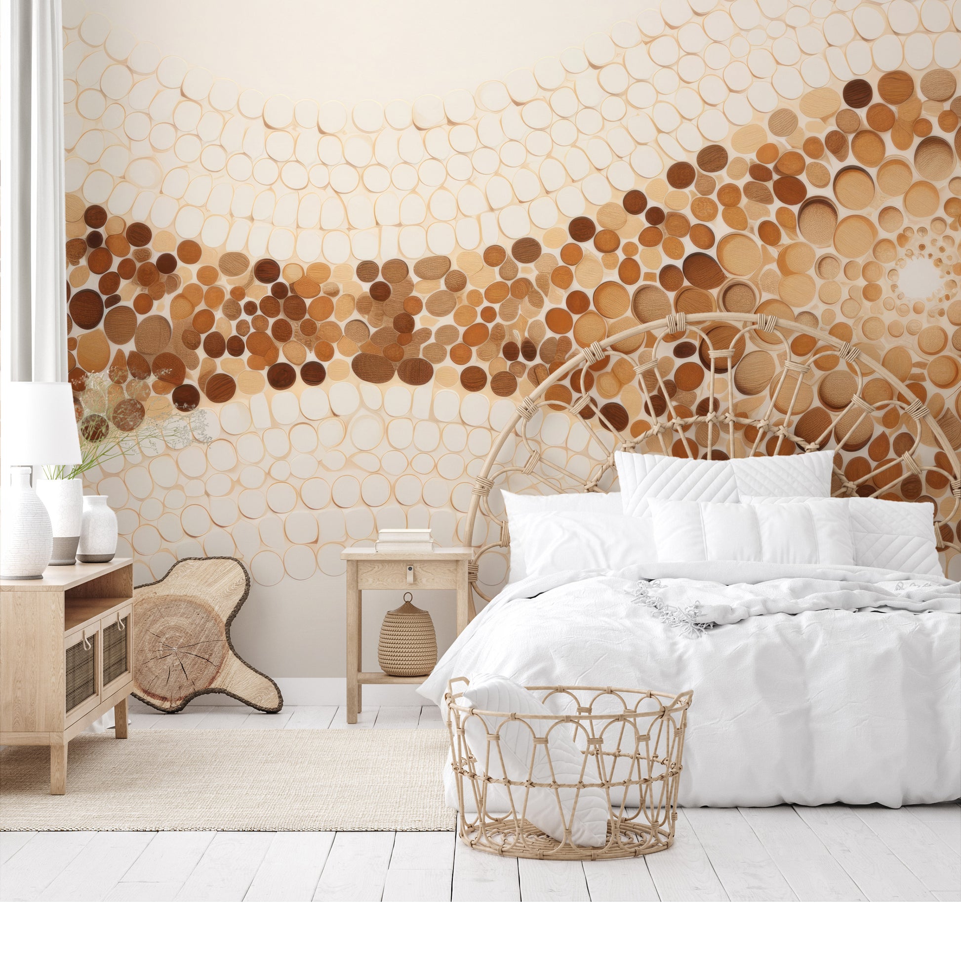 Wzór fototapety malowanej o nazwie WOODEN WAVES MOSAIC pokazanej w aranżacji wnętrza.