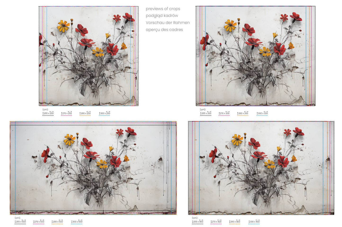 Na obrazie znajduje się prezentacja przykładowych rozmiarów fototapety o nazwie WILDFLOWER WATERCOLOR WHIMSY. Rozmiar fototapety jest dowolny.