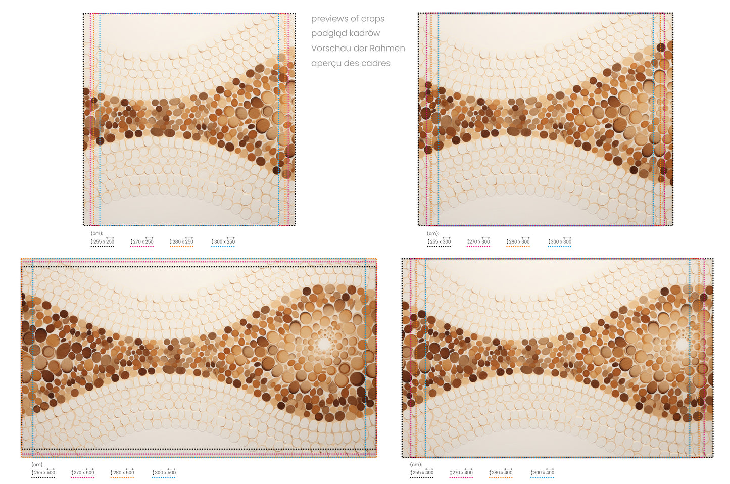 Na obrazie znajduje się prezentacja przykładowych rozmiarów fototapety o nazwie WOODEN WAVES MOSAIC. Rozmiar fototapety jest dowolny.