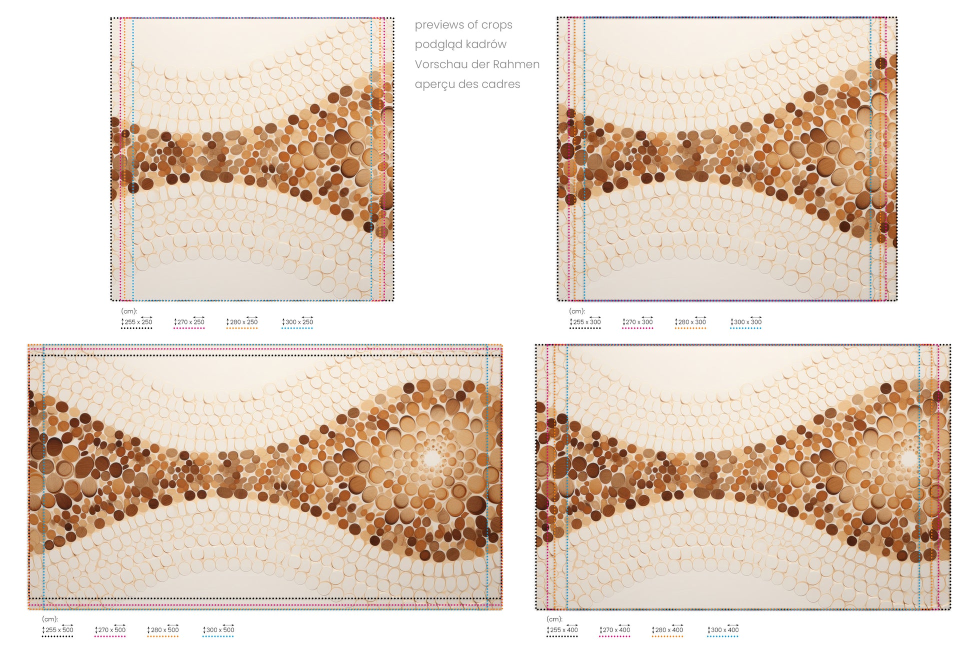 Na obrazie znajduje się prezentacja przykładowych rozmiarów fototapety o nazwie WOODEN WAVES MOSAIC. Rozmiar fototapety jest dowolny.