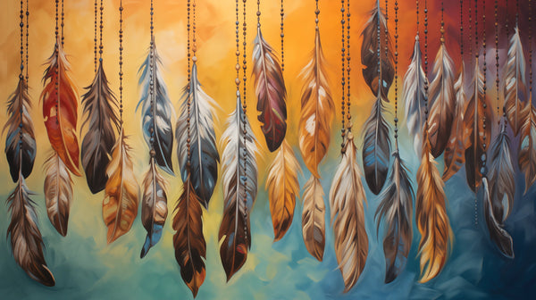 Spectrum Cascade - Feather wallpaper in amber and blue tones with pendants