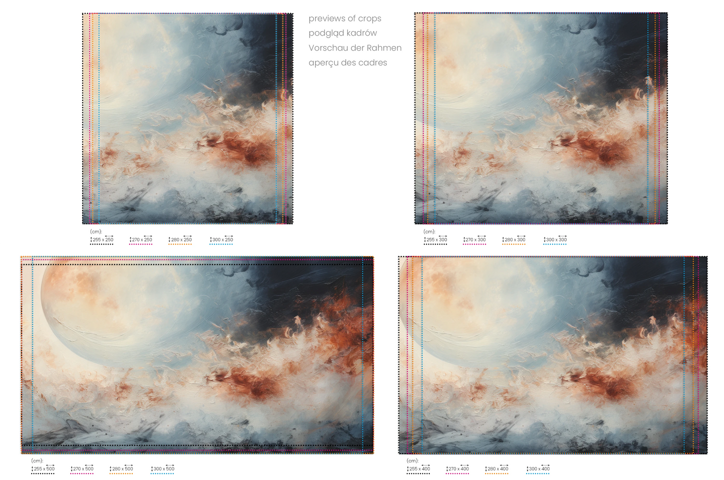 Na obrazie znajduje się prezentacja przykładowych rozmiarów fototapety o nazwie Cosmic Flow. Rozmiar fototapety jest dowolny.
