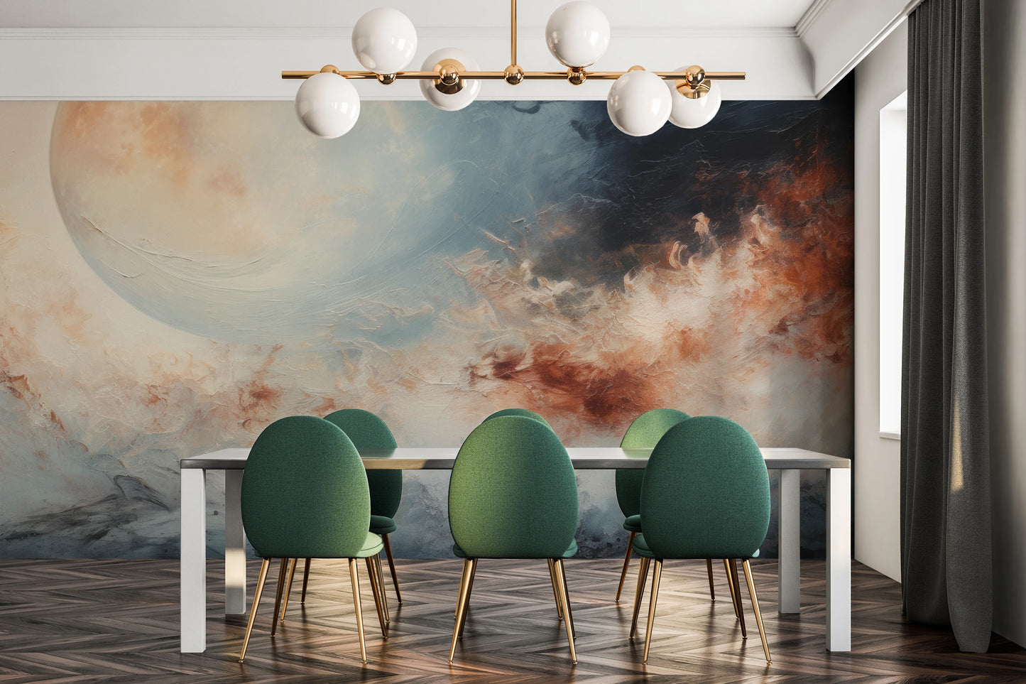 Wzór fototapety artystycznej o nazwie Cosmic Flow pokazanej w aranżacji wnętrza.
