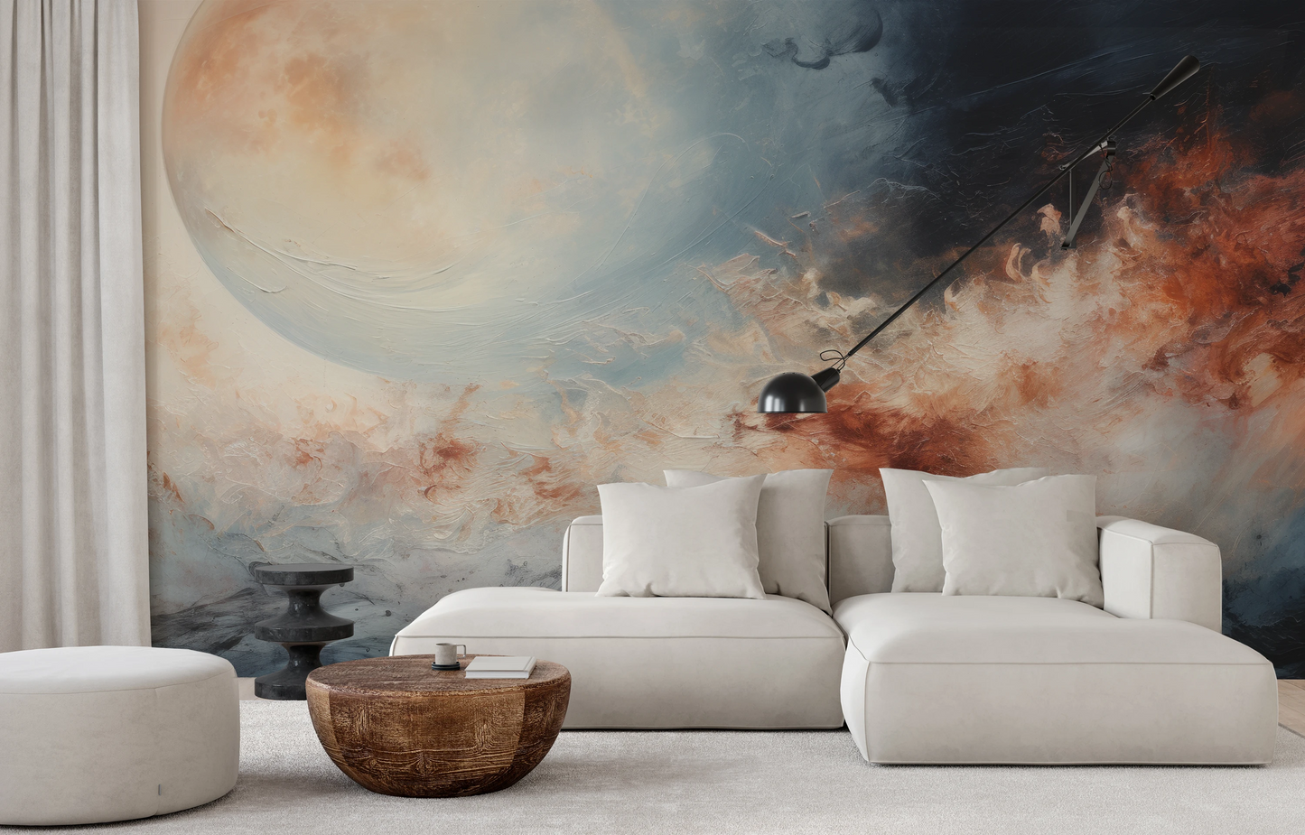 Wzór fototapety artystycznej o nazwie Cosmic Flow pokazanej w aranżacji wnętrza.