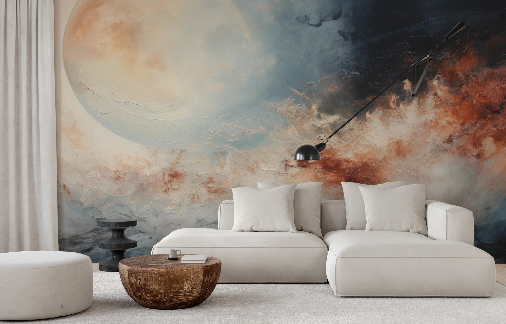 Wzór fototapety artystycznej o nazwie Cosmic Flow pokazanej w aranżacji wnętrza.