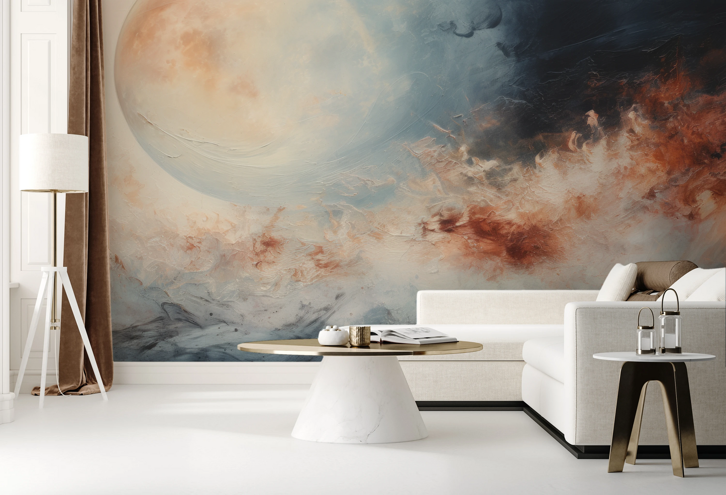 Wzór fototapety malowanej o nazwie Cosmic Flow pokazanej w aranżacji wnętrza.