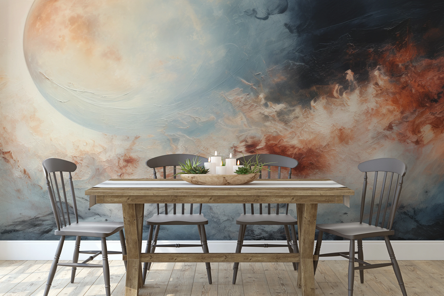 Zdjęcie prezentuje aranżację wnętrza z użyciem fototapety o nazwie Cosmic Flow pokazanej w aranżacji wnętrza.
