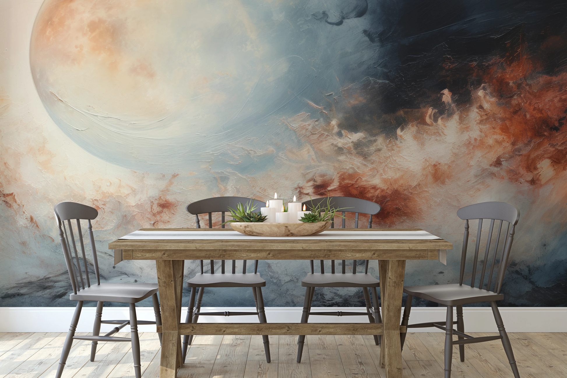 Zdjęcie prezentuje aranżację wnętrza z użyciem fototapety o nazwie Cosmic Flow pokazanej w aranżacji wnętrza.